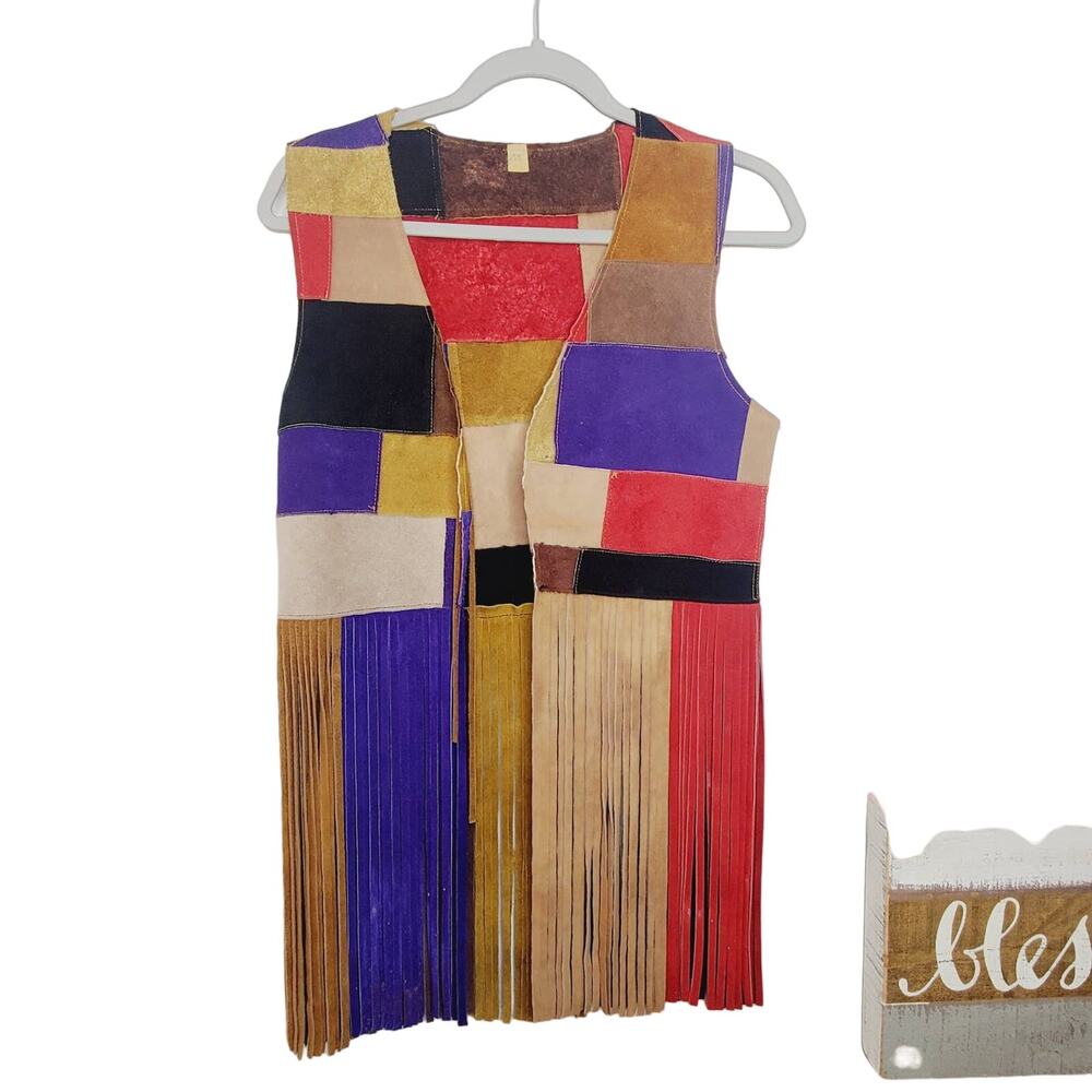 Vintage Suede Color Block Fringed Vest Art Colorful Festival Wear M